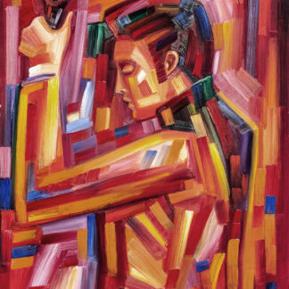 The image shows an abstract, colorful painting with geometric shapes and lines, possibly representing a human figure. By Raymond Murray